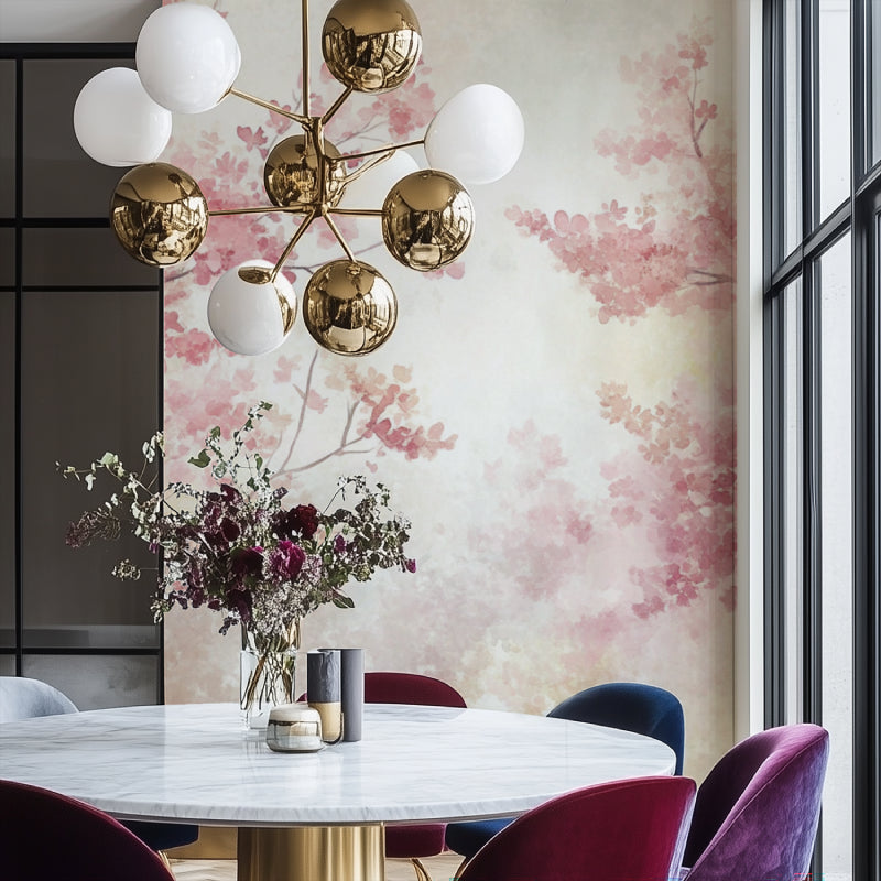 Cherry blossom wall mural adding soft pink tones to a minimalist dining room