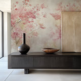 Japanese floral wallpaper creating depth in a modern home office