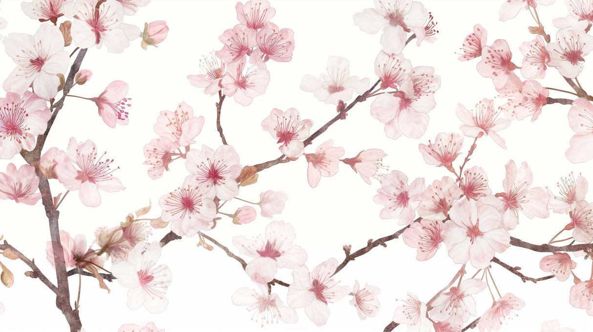 Cherry blossom wallpaper creating a peaceful atmosphere in a modern bedroom with soft pink accents