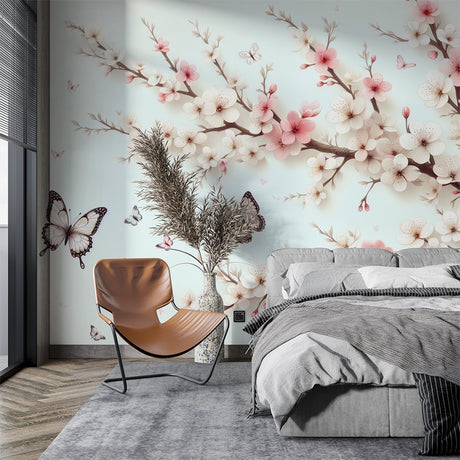 Cherry blossom wallpaper creating a peaceful sanctuary in a modern bedroom, pink sakura flowers with butterflies on light walls