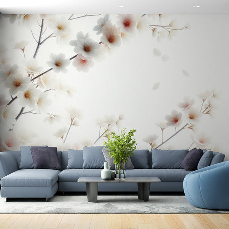 Cherry blossom wallpaper mural in a bright modern bedroom, creating a peaceful spring atmosphere with delicate pink and white blooms