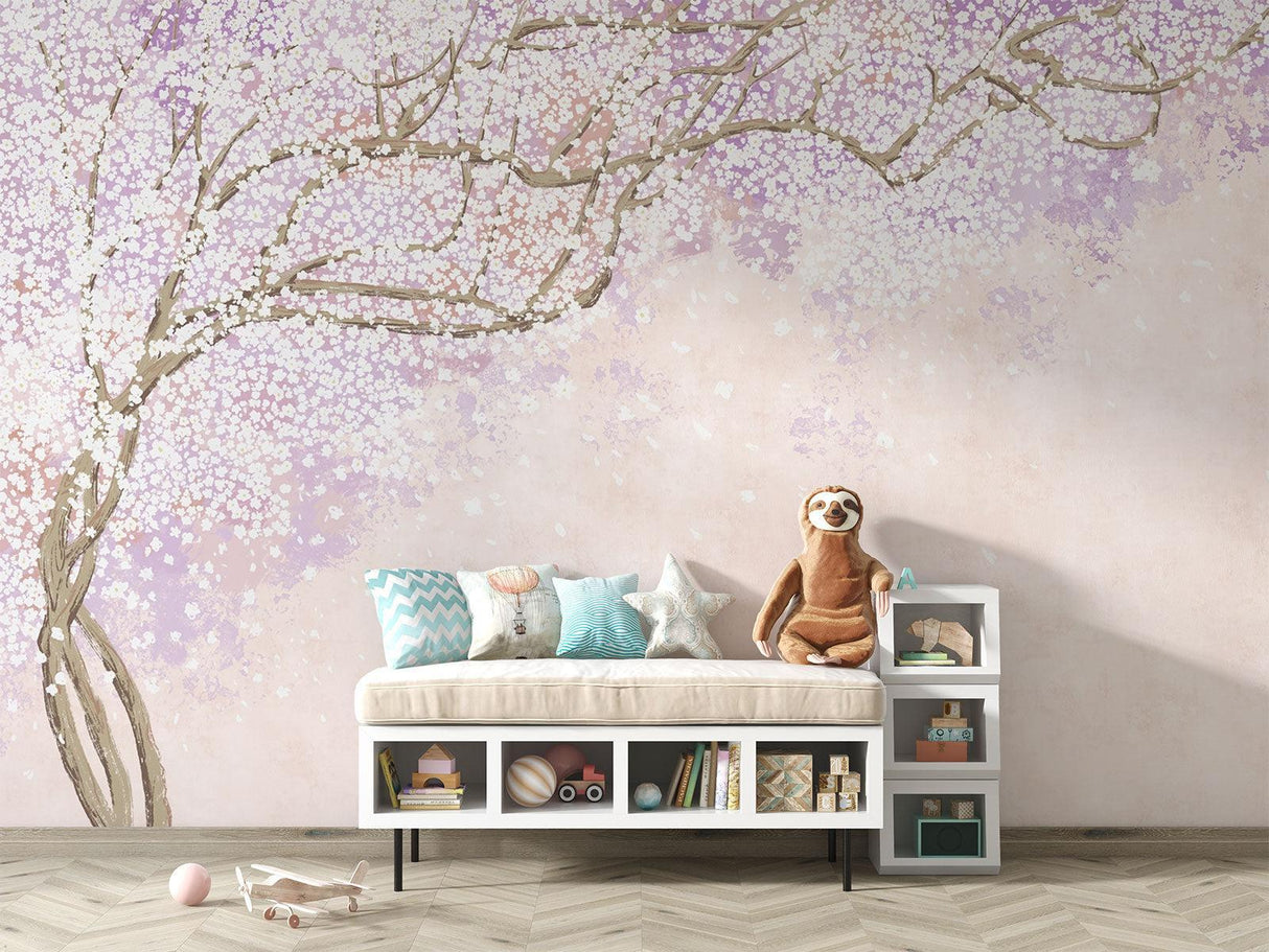 Pink floral wallpaper adds spring charm to a bright dining room