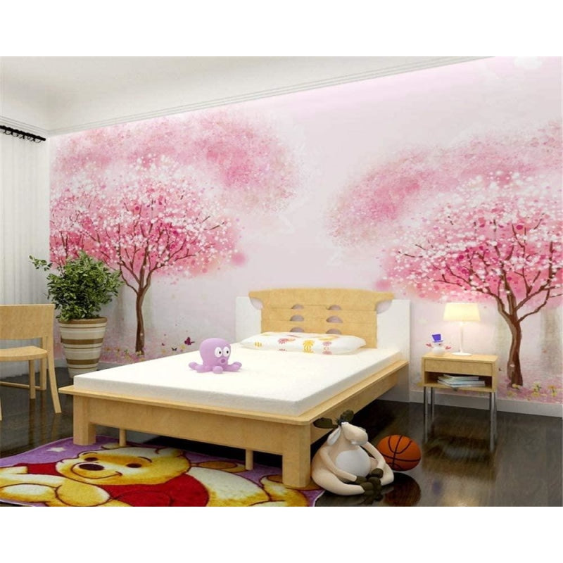 Pink cherry blossom wallpaper brightening up a cozy bedroom with natural light