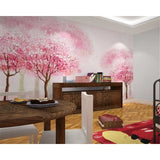 Japanese cherry blossom mural adding spring charm to a minimalist dining room