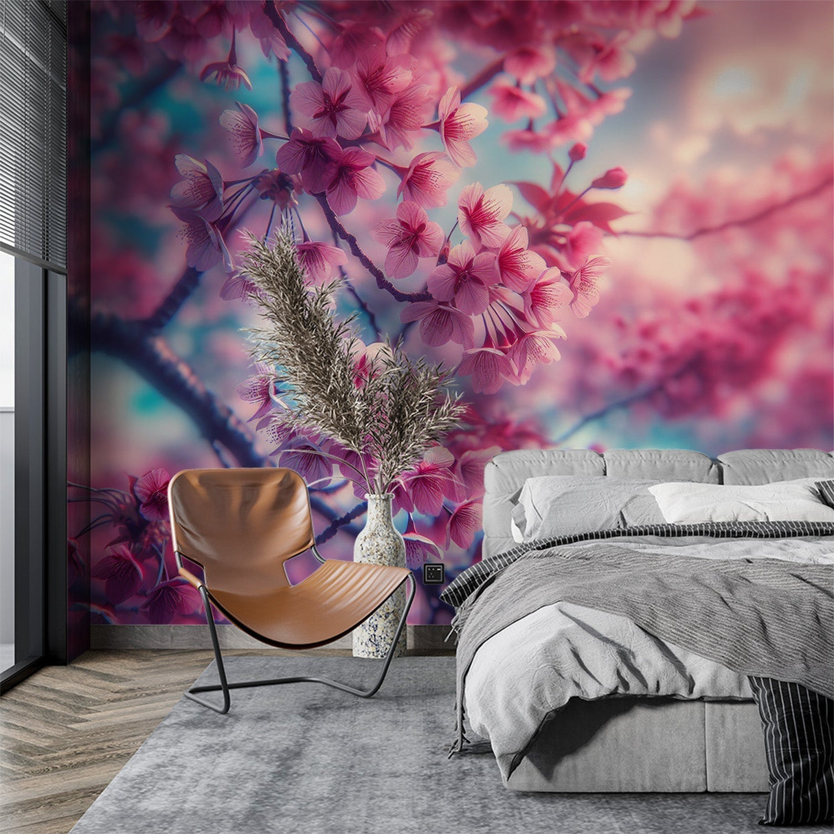 Cherry blossom wallpaper creating a serene atmosphere in a modern bedroom, pink petals dancing across turquoise walls