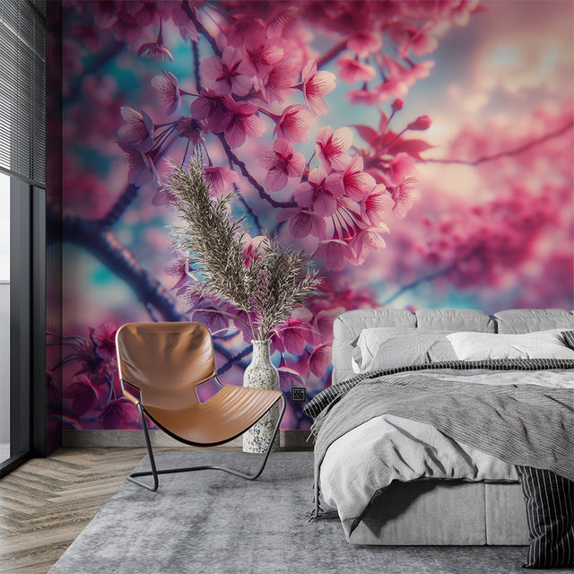 Cherry blossom wallpaper creating a serene atmosphere in a modern bedroom, pink petals dancing across turquoise walls