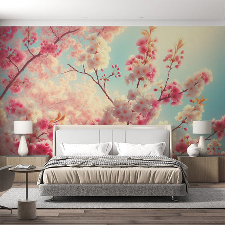 Cherry blossom wallpaper creating a serene atmosphere in a modern bedroom with white furniture and natural light