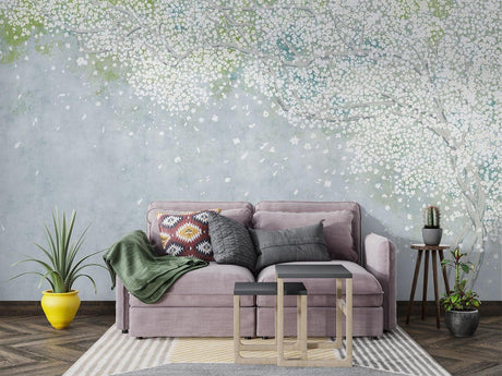 Cherry blossom wallpaper in modern minimalist bedroom creating serene atmosphere
