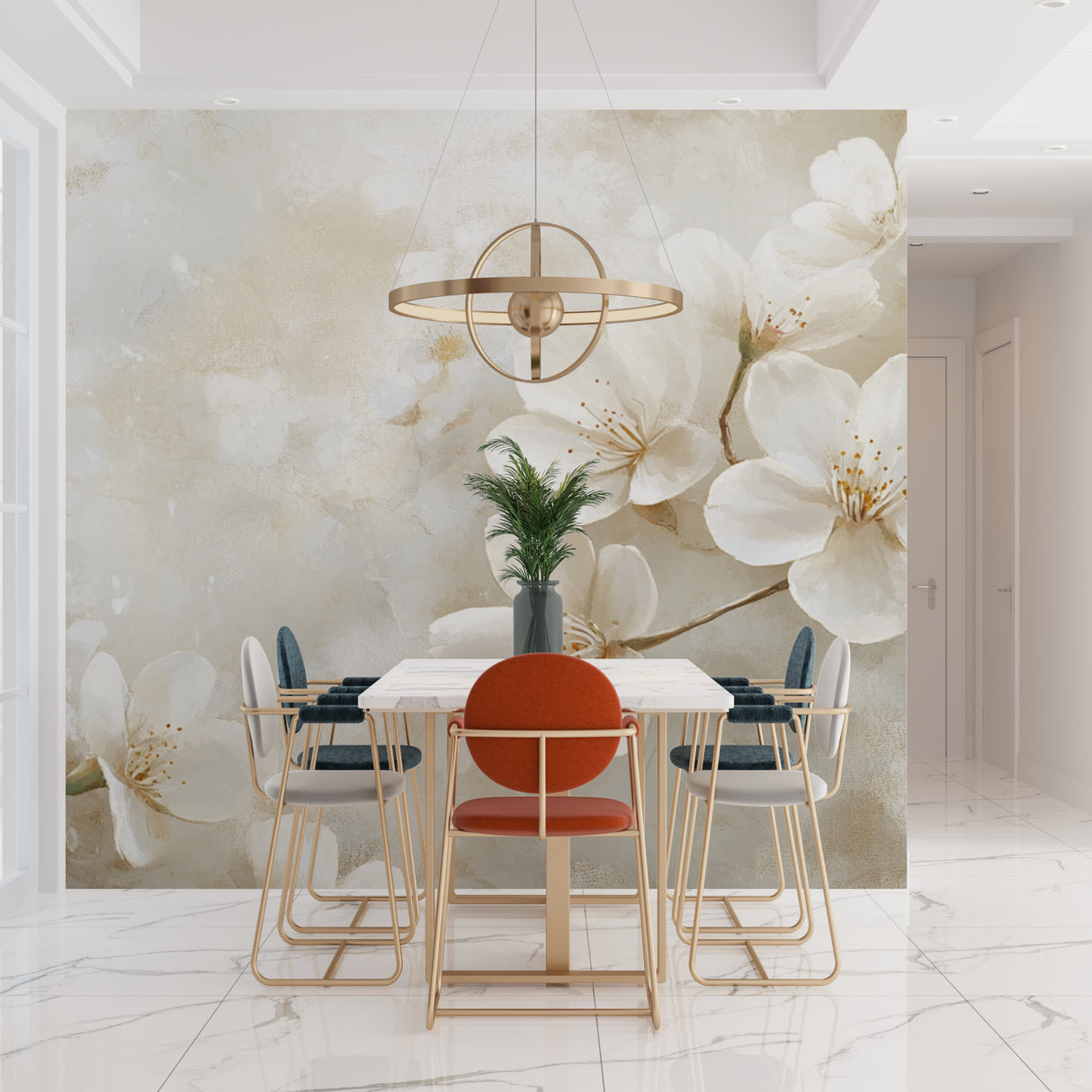 Cherry blossom wallpaper in bright modern living room creating peaceful atmosphere