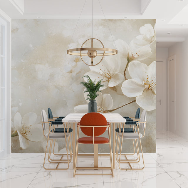 Cherry blossom wallpaper in bright modern living room creating peaceful atmosphere