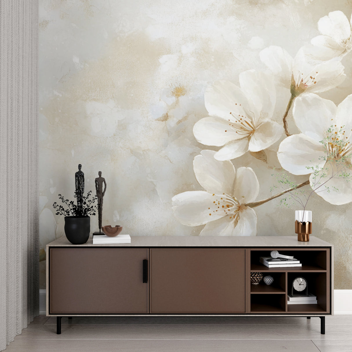 White cherry blossom wall mural in cozy bedroom setting