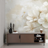 White cherry blossom wall mural in cozy bedroom setting