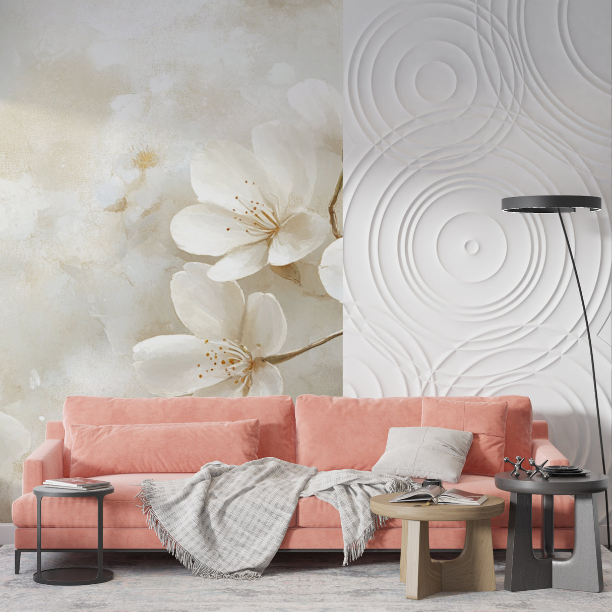 Elegant floral wallpaper featuring cherry blossoms in dining room