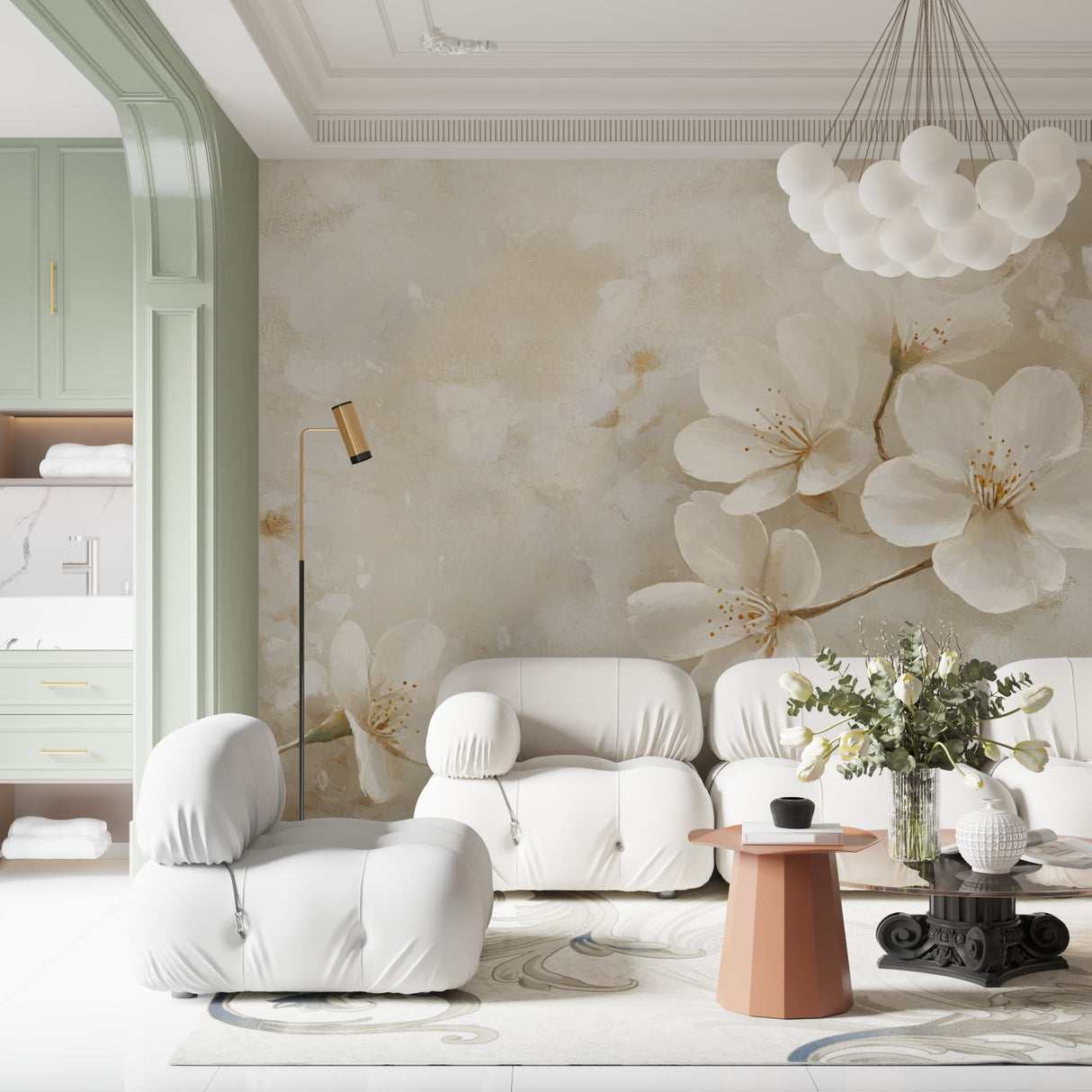 Cherry blossom wall design in minimalist home office space