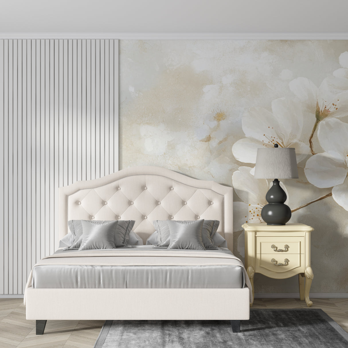 Japanese-inspired cherry blossom mural in contemporary hallway