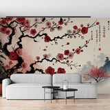 Japanese Cherry Blossom Wallpaper creating a zen atmosphere in a modern dining room with red sakura blooms