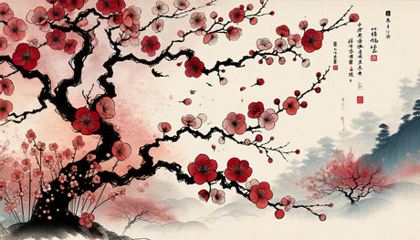 Cherry Blossom Wallpaper design file showing detailed red sakura pattern with calligraphy