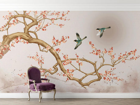 Cherry blossom wallpaper creating a serene atmosphere in a modern living room with natural light