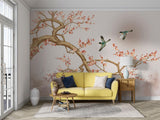 Japanese birds and flowers wallpaper featured in a peaceful bedroom setting