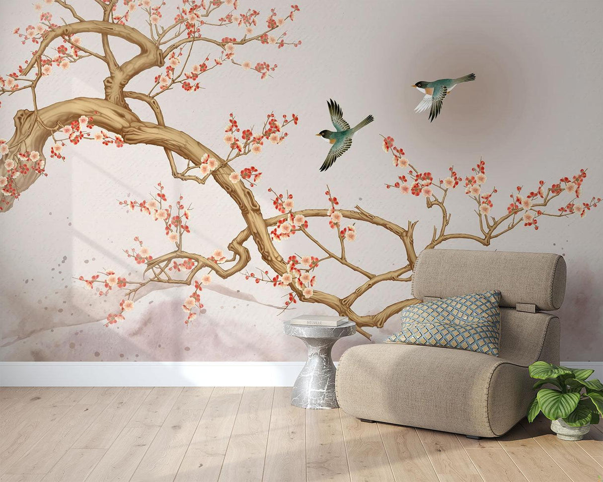 Asian floral wall mural bringing nature into a meditation room