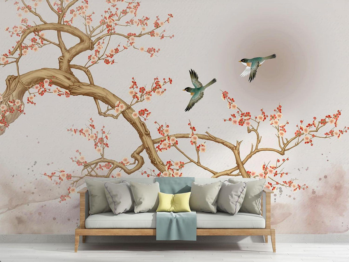 Cherry blossom branch wallpaper transforming a dining room with soft coral tones