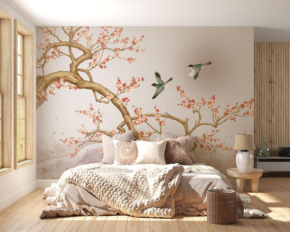 Japanese cherry blossom mural adding elegance to a home office space