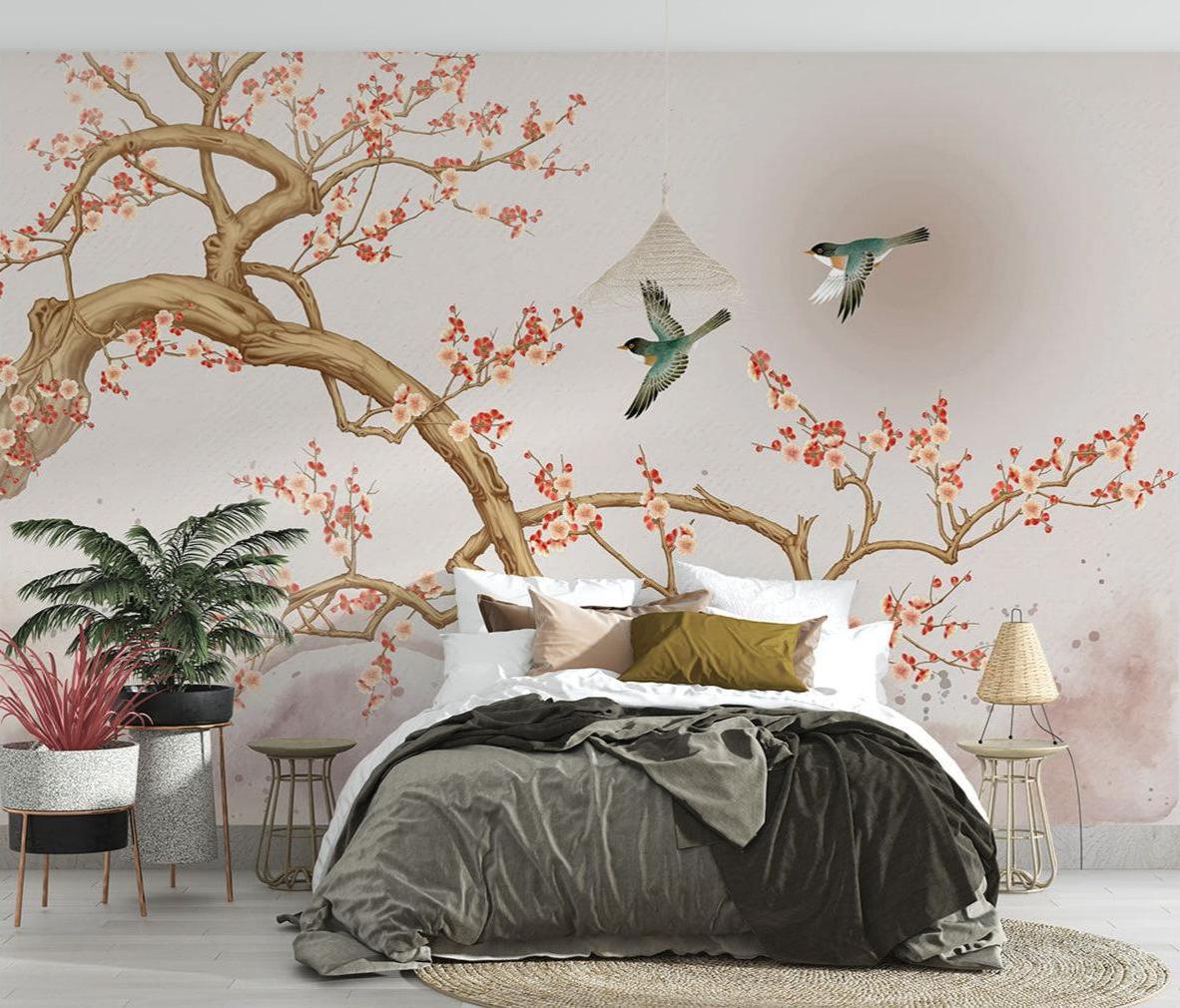 Oriental floral wallpaper creating depth in an entryway setting