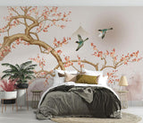 Oriental floral wallpaper creating depth in an entryway setting