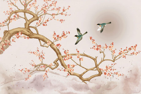 Cherry blossom and birds design file showing intricate branch details and turquoise bird elements