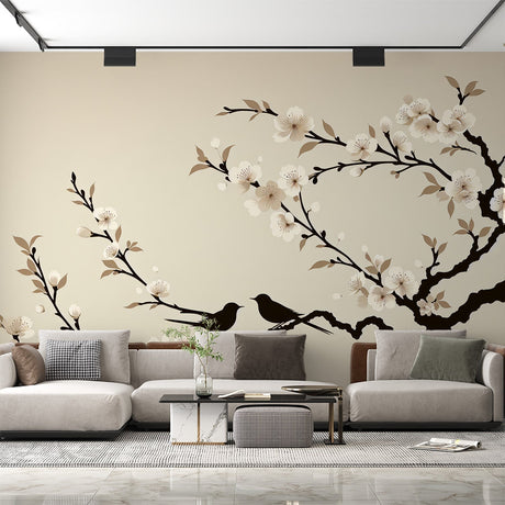 Japanese Cherry Blossom wallpaper creating a zen atmosphere in a modern bedroom with natural light