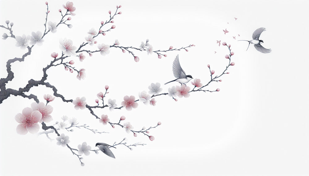 Japanese cherry blossom wallpaper design file showing detailed pink flowers and grey birds pattern