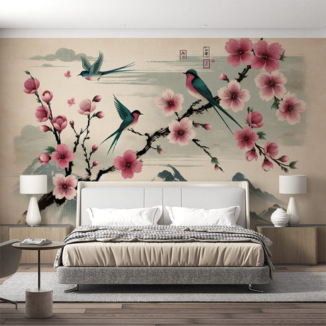 Japanese cherry blossom wallpaper with birds creating a peaceful atmosphere in a modern living room with natural light