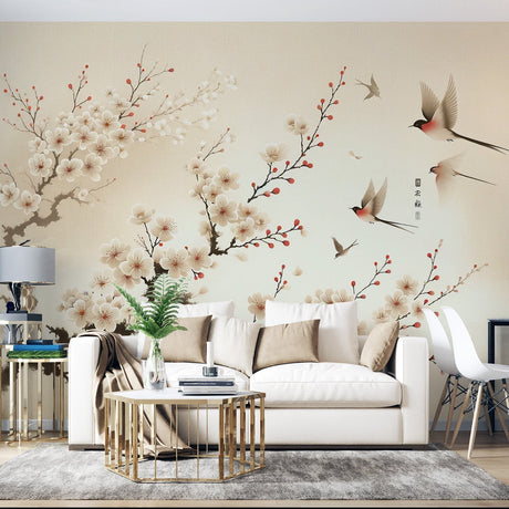 Cherry blossom wallpaper creating a peaceful atmosphere in a modern living room, pink petals and birds dancing across the wall