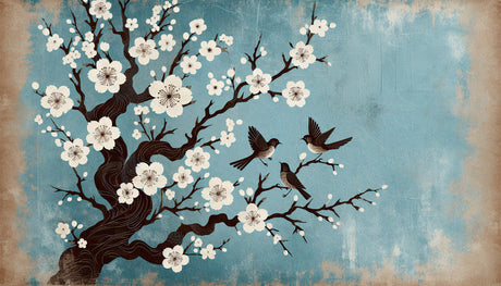 Cherry blossom wallpaper with birds creating a peaceful atmosphere in a modern living room with natural light