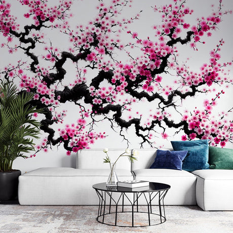 Cherry blossom wallpaper with black branches creating elegant Japanese style in modern living room setting