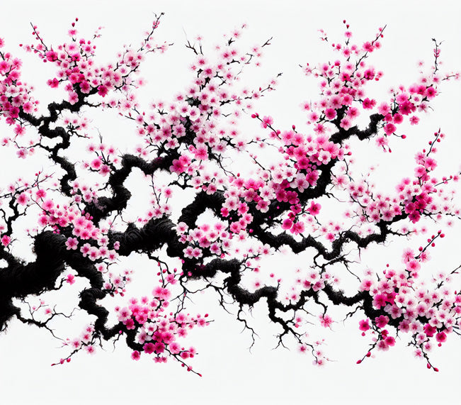 Japanese cherry blossom pattern with black branches and pink blooms on white background design file
