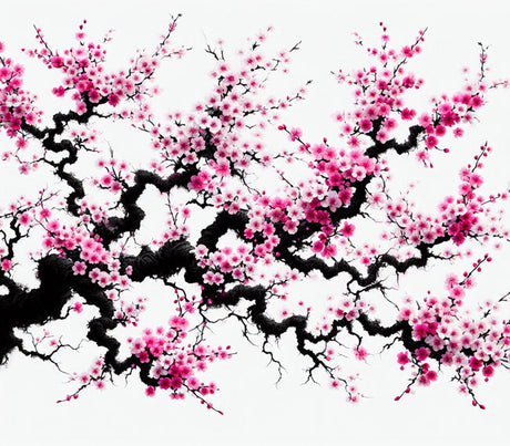 Japanese cherry blossom pattern with black branches and pink blooms on white background design file
