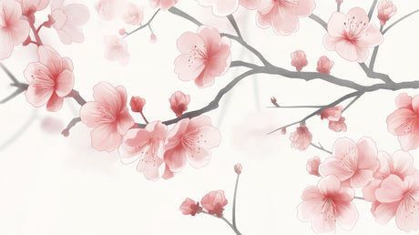 Cherry blossom wallpaper creating a peaceful atmosphere in a modern living room with natural light