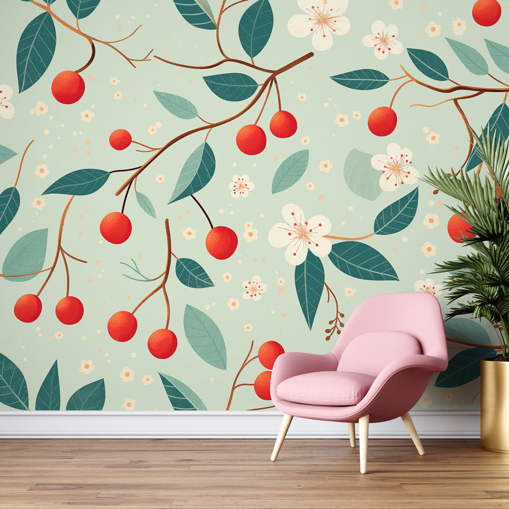 Cherry blossom wall mural creating a peaceful atmosphere in a modern living room with natural light and minimal furniture