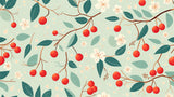 Japanese floral wallpaper design file showing detailed cherry blossoms and red berries pattern on mint-green background