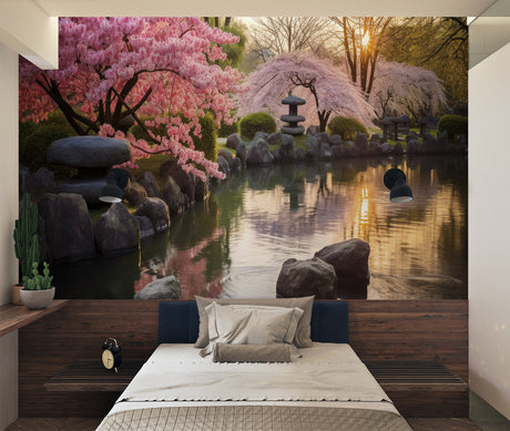 Cherry blossom wallpaper mural in modern living room, pink petals create soft natural light effect