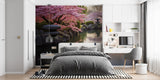 Cherry blossom wall mural brightening home office with garden scene
