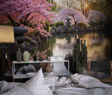 Japanese garden mural in meditation room showing scale and depth