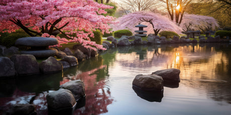 Cherry blossom garden design file showing detailed sakura petals and sunset colors