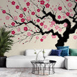 Japanese Cherry Blossom Wallpaper creating a zen atmosphere in a modern living room with natural light