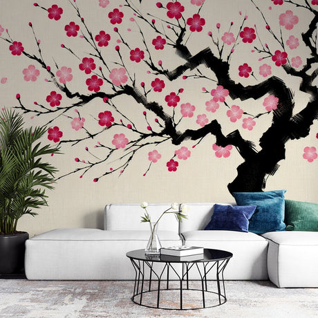 Japanese Cherry Blossom Wallpaper creating a zen atmosphere in a modern living room with natural light