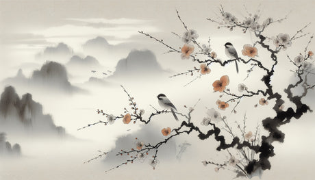 Japanese Cherry Blossom wall mural creating a peaceful atmosphere in a modern living room with minimal furniture