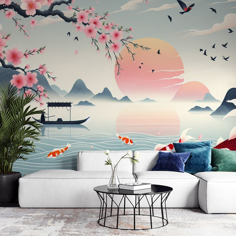 Cherry blossom wall mural displayed in a modern living room, pink petals and koi fish create a peaceful Japanese atmosphere