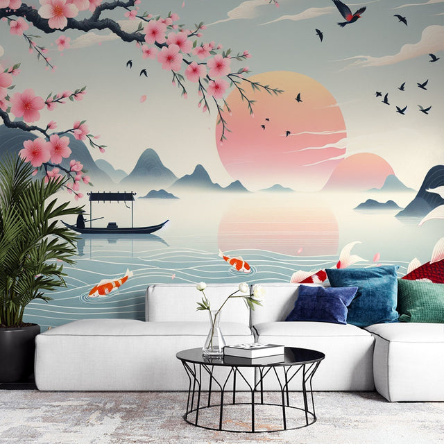 Cherry blossom wall mural displayed in a modern living room, pink petals and koi fish create a peaceful Japanese atmosphere