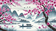 Cherry blossom wallpaper creating a peaceful atmosphere in a modern living room with soft natural light